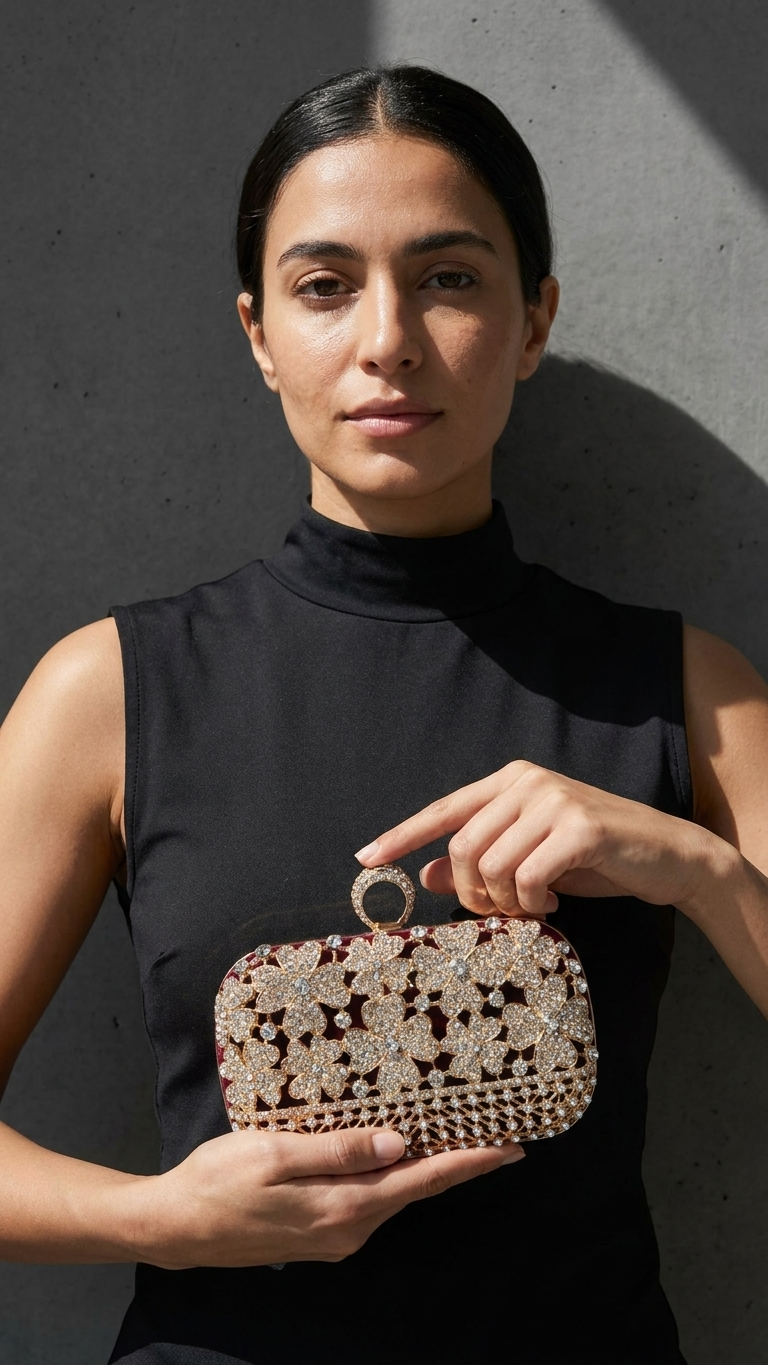 Luxury Crystal Flower Clutch Bag | Bridal Wedding Handbag | Gold Diamond Studded Evening Party Purse with Ring Handle