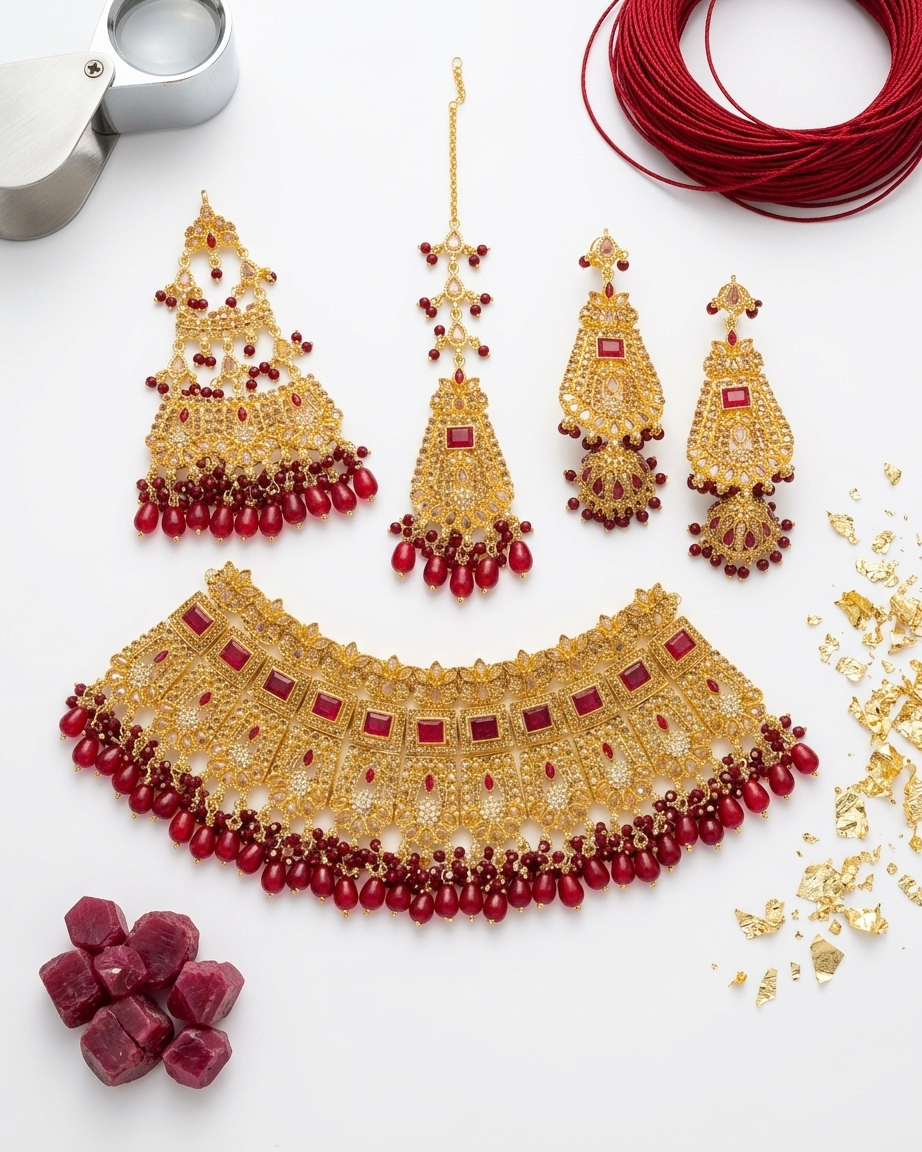 Royal Ruby Gold Bridal Jewelry Set – Necklace, Earrings & Tikka