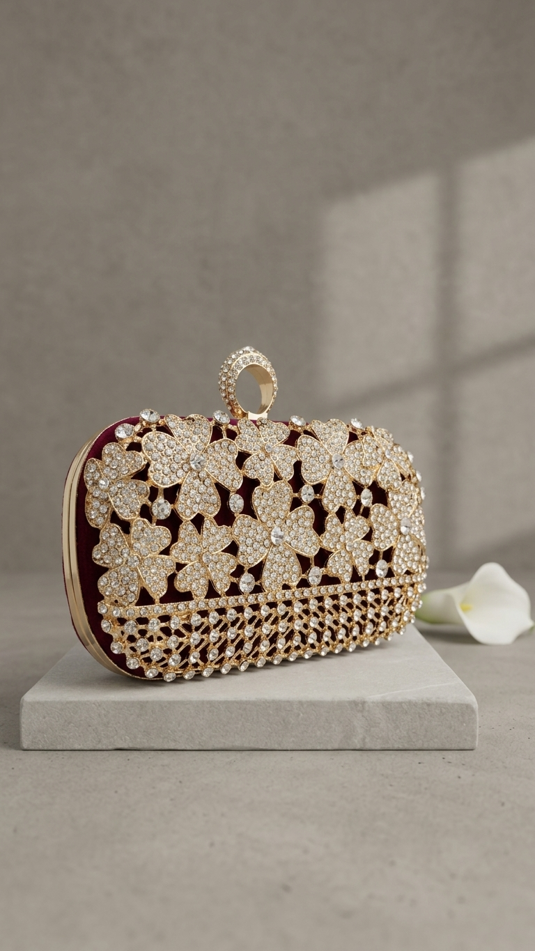Luxury Crystal Flower Clutch Bag | Bridal Wedding Handbag | Gold Diamond Studded Evening Party Purse with Ring Handle