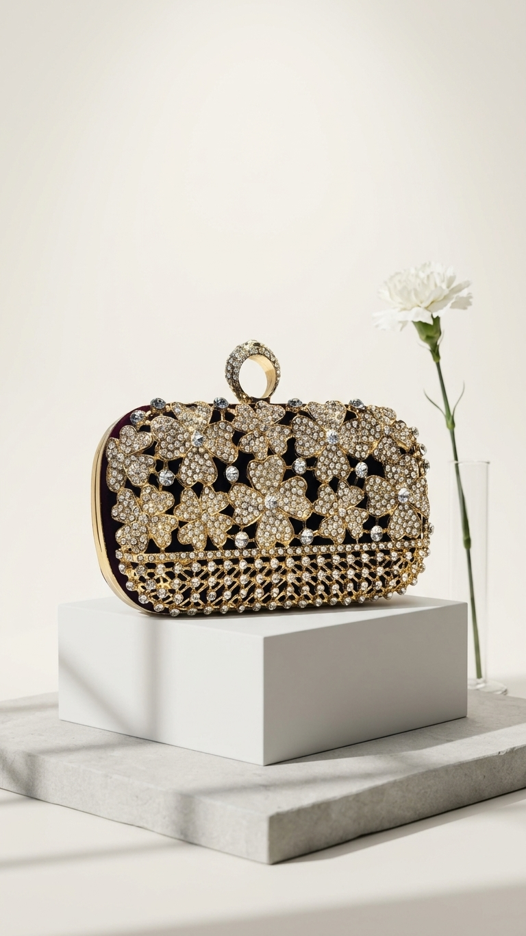 Luxury Crystal Flower Clutch Bag | Bridal Wedding Handbag | Gold Diamond Studded Evening Party Purse with Ring Handle