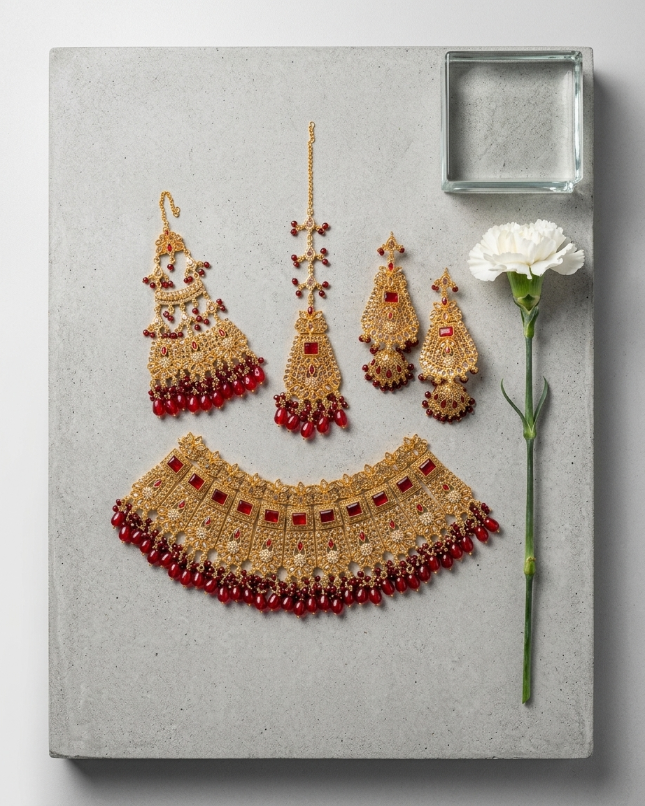 Royal Ruby Gold Bridal Jewelry Set – Necklace, Earrings & Tikka