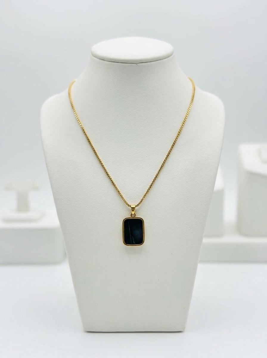 Minimalist Gold-Tone Rectangular Pendant Necklace with Black Inlay