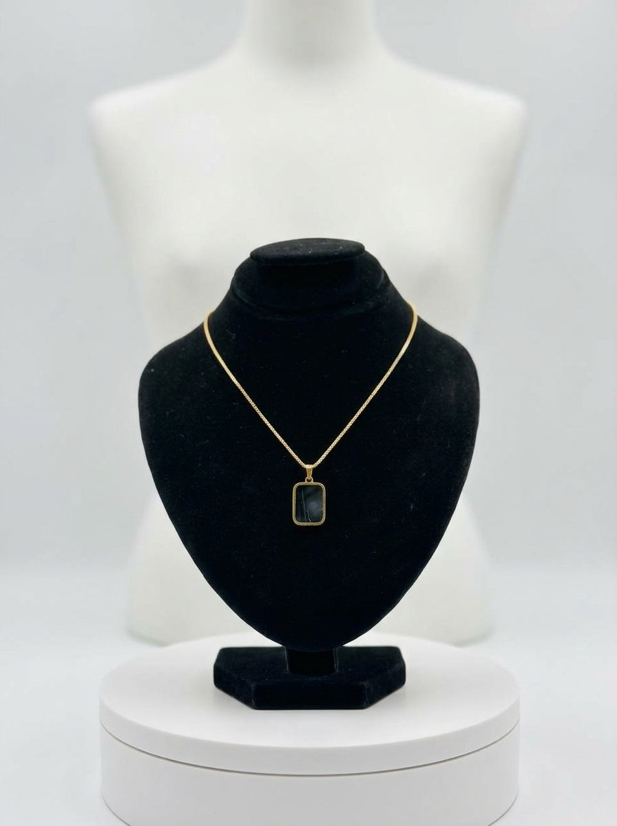 Minimalist Gold-Tone Rectangular Pendant Necklace with Black Inlay
