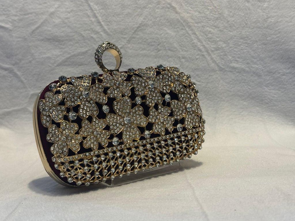 Luxury Crystal Flower Clutch Bag | Bridal Wedding Handbag | Gold Diamond Studded Evening Party Purse with Ring Handle