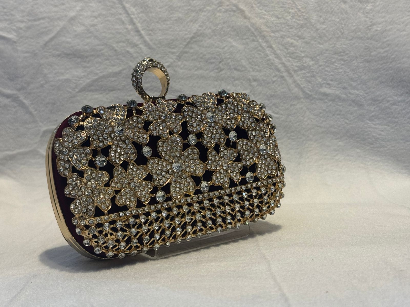 Luxury Crystal Flower Clutch Bag | Bridal Wedding Handbag | Gold Diamond Studded Evening Party Purse with Ring Handle