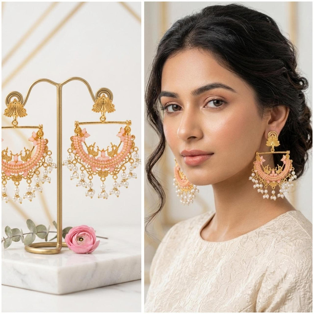 Blush Pink Pearl Drop Chandbali Statement Earrings
