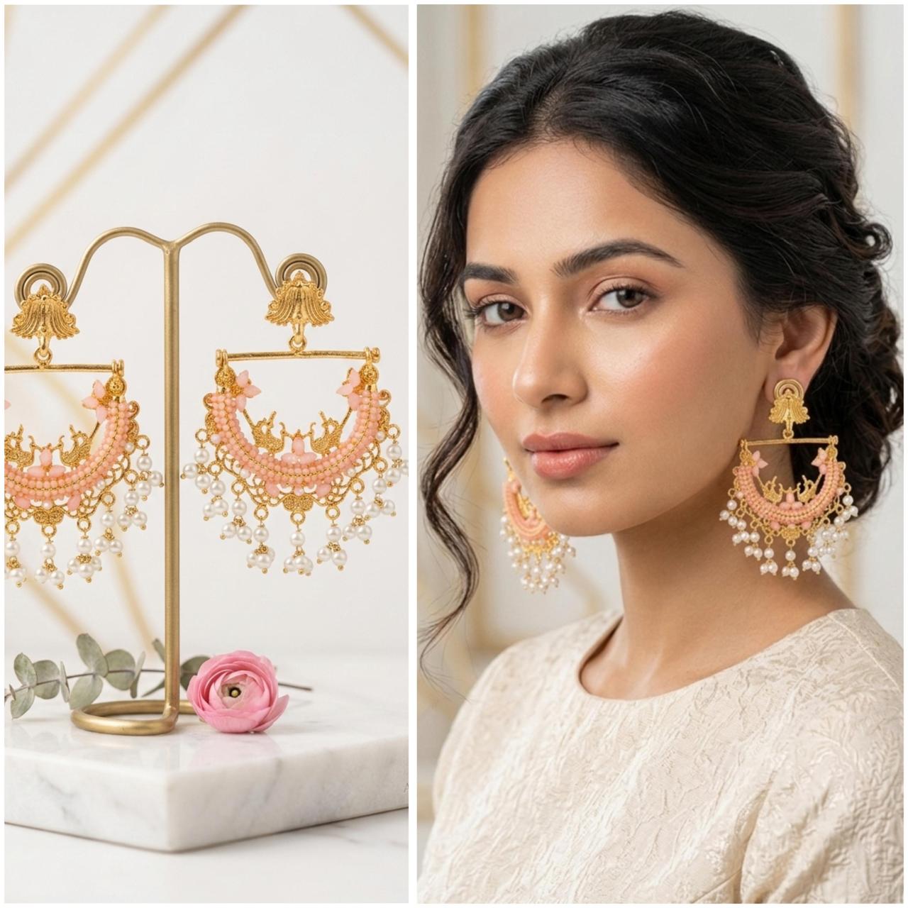 Blush Pink Pearl Drop Chandbali Statement Earrings