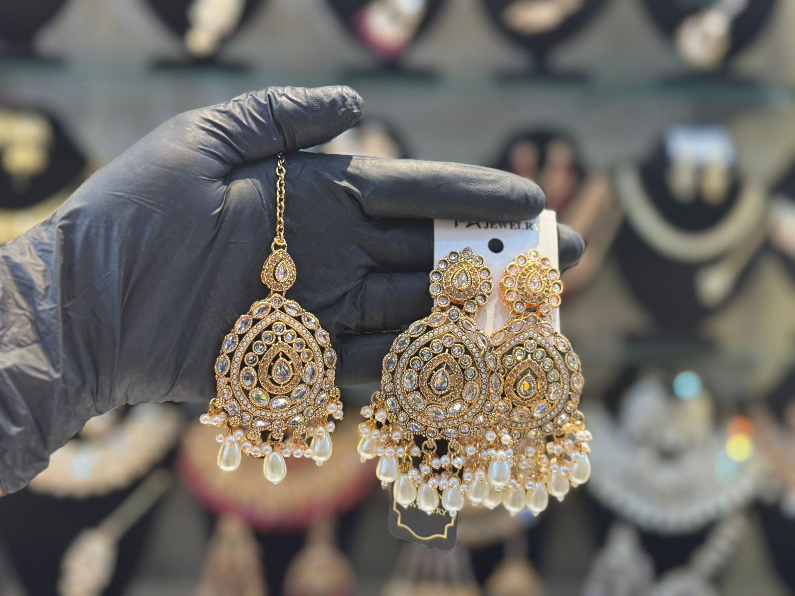 Royal Gold-Tone Kundan Pearl Drop Earrings & Maang Tikka Set