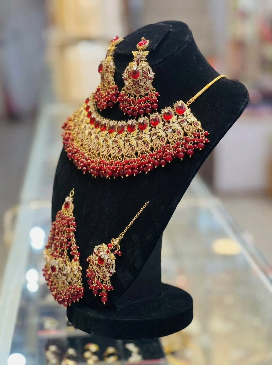 Royal Red Stone Bridal Choker Jewelry Set with Earrings, Maang Tikka & Hathphool
