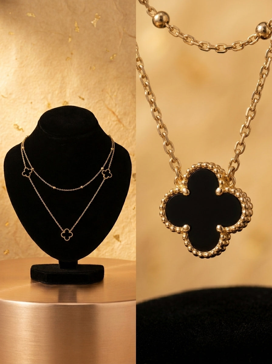 Elegant Gold-Tone Layered Clover Necklace with Black Inlay
