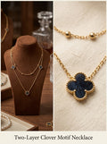 Elegant Gold-Tone Layered Clover Necklace with Black Inlay
