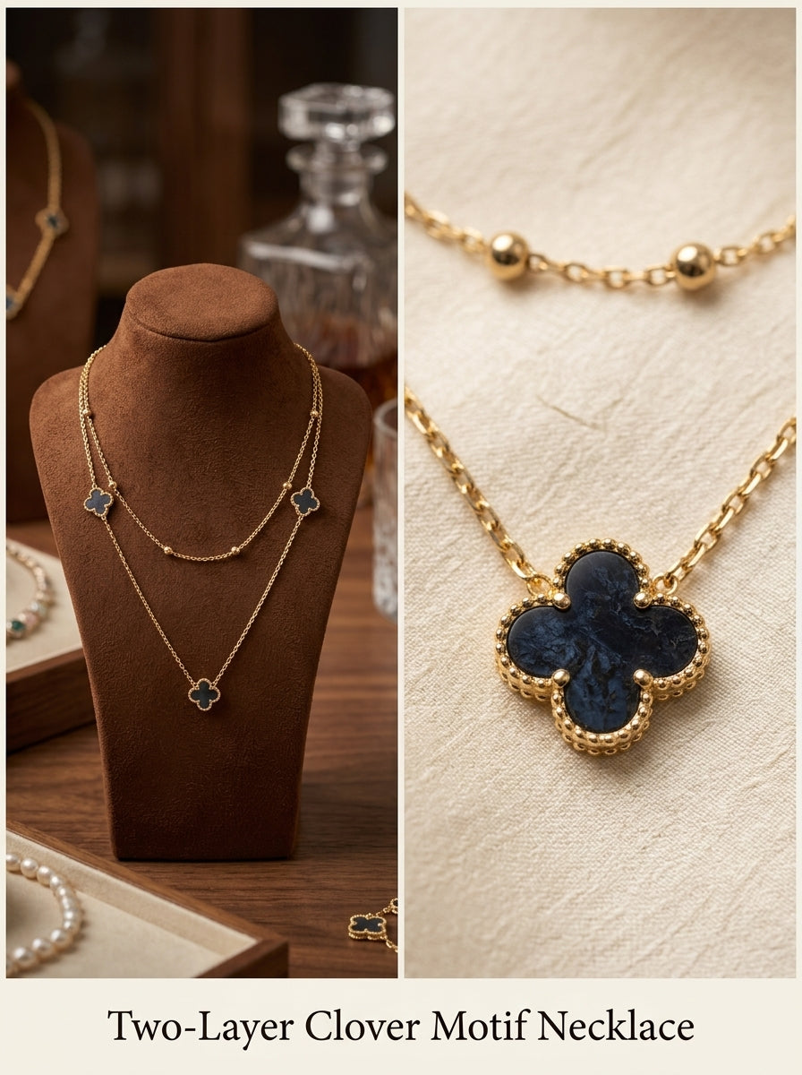 Elegant Gold-Tone Layered Clover Necklace with Black Inlay