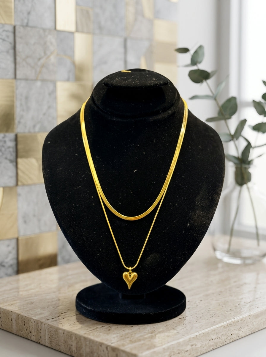Layered Gold Heart Pendant Necklace Set