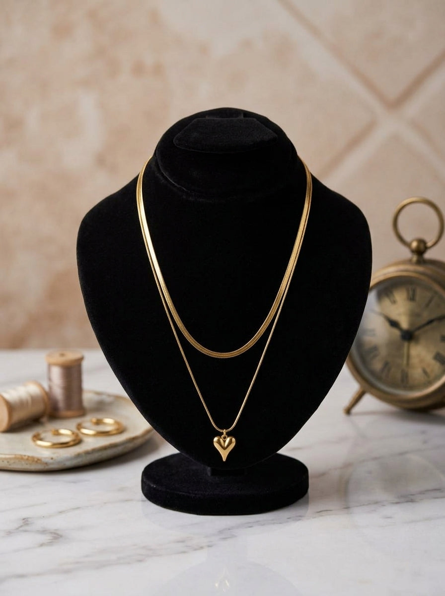 Layered Gold Heart Pendant Necklace Set