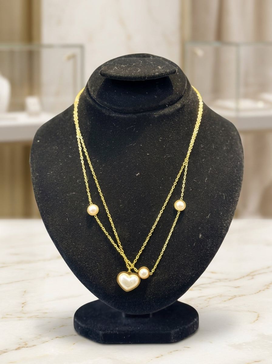 Layered Pearl Heart Gold Necklace Set