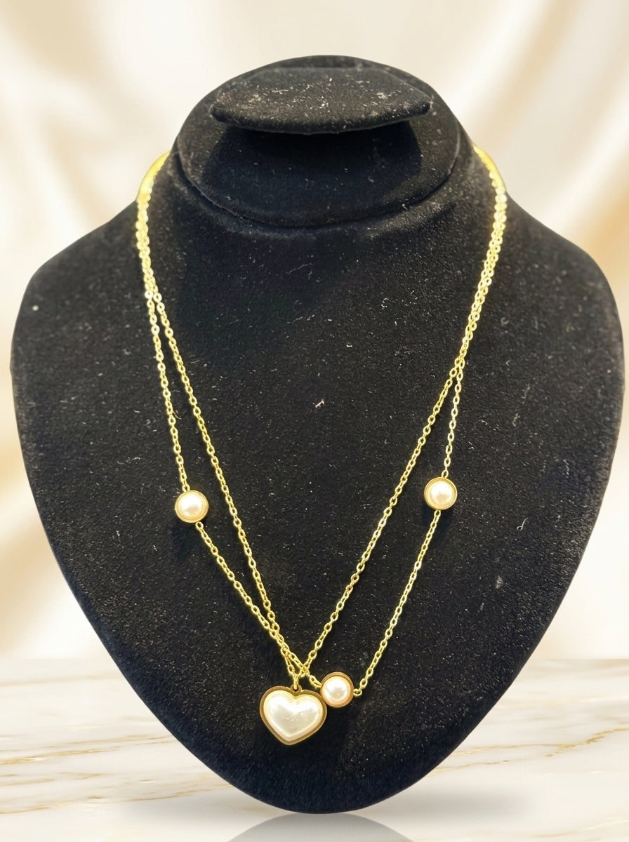 Layered Pearl Heart Gold Necklace Set
