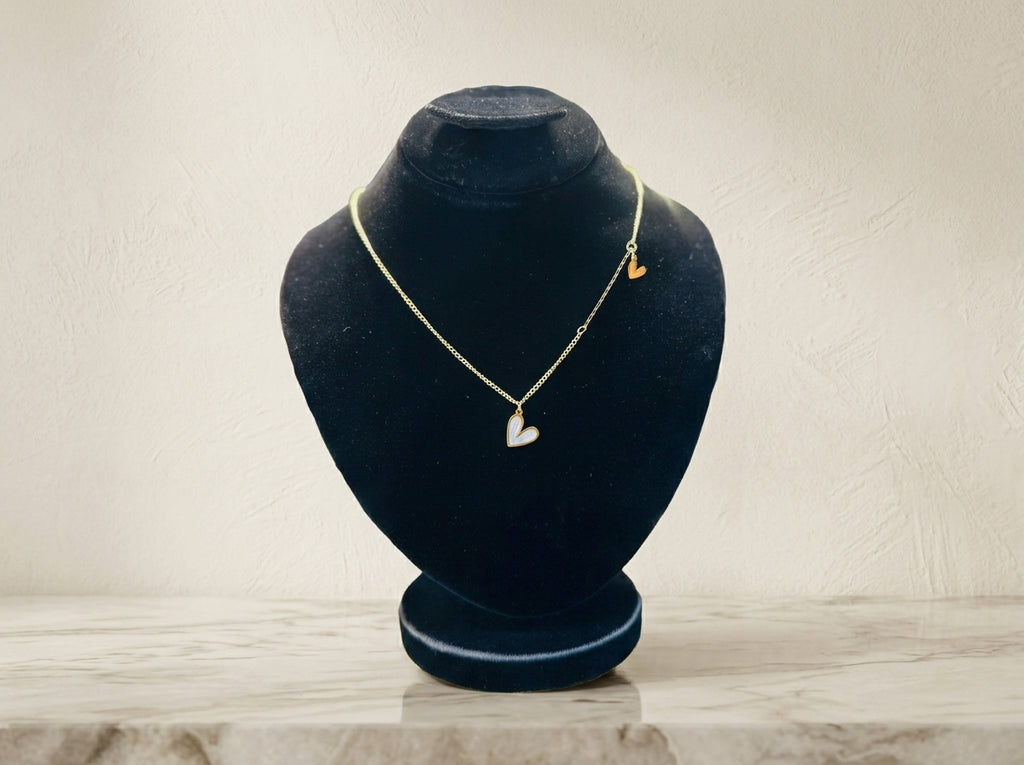 Dainty Gold Double Heart Pendant Necklace with White Enamel Accent