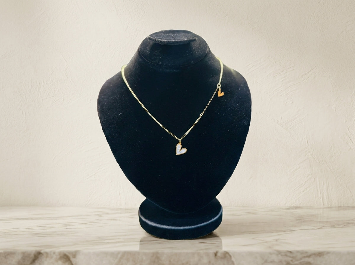 Dainty Gold Double Heart Pendant Necklace with White Enamel Accent