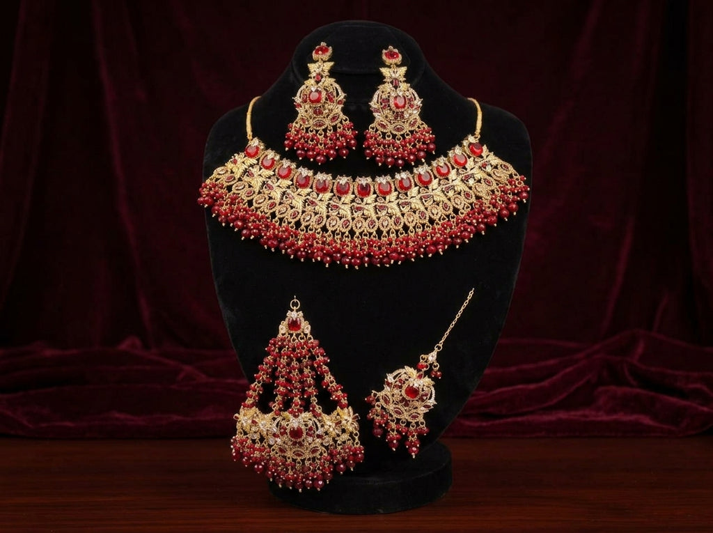 Royal Red Stone Bridal Choker Jewelry Set with Earrings, Maang Tikka & Hathphool