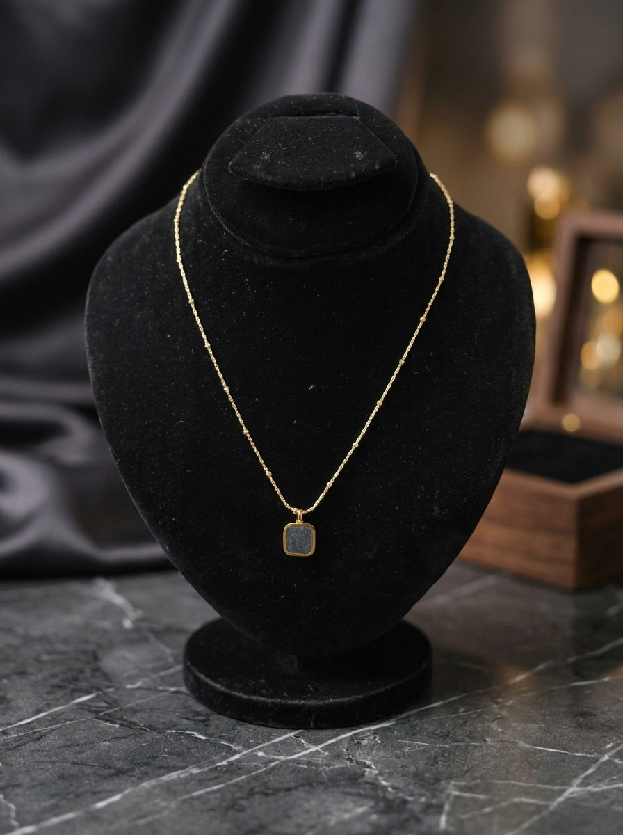 Minimalist Square Black Stone Gold Pendant Necklace