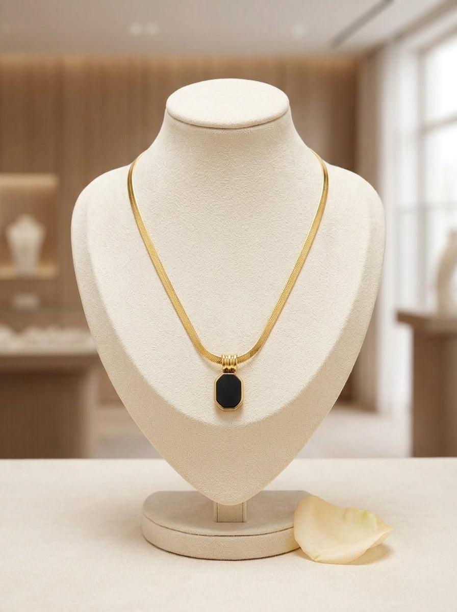 Modern Black Stone Geometric Gold Pendant Necklace