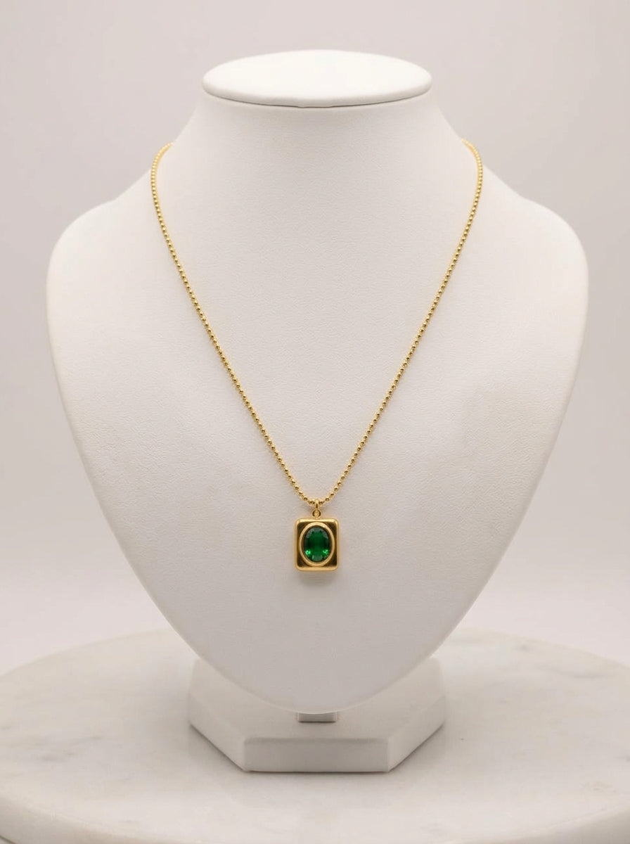 Elegant Gold-Tone Rectangular Pendant Necklace with Green Stone