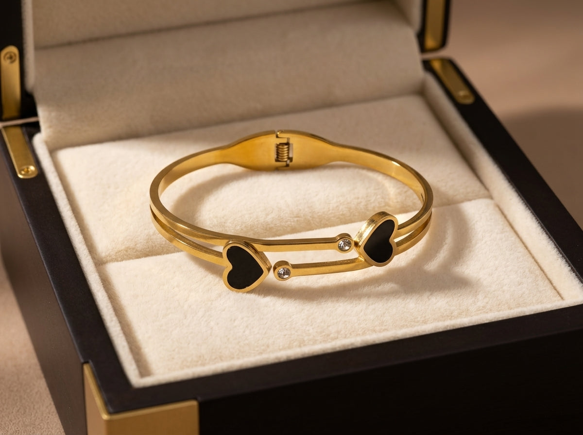 Elegant Gold-Tone Black Heart Open Bangle Bracelet