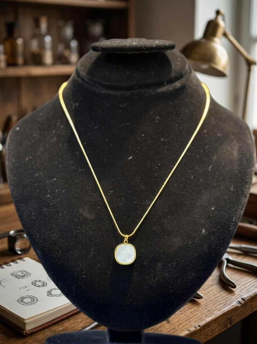 Minimalist Gold-Tone Square Pendant Necklace with White Inlay