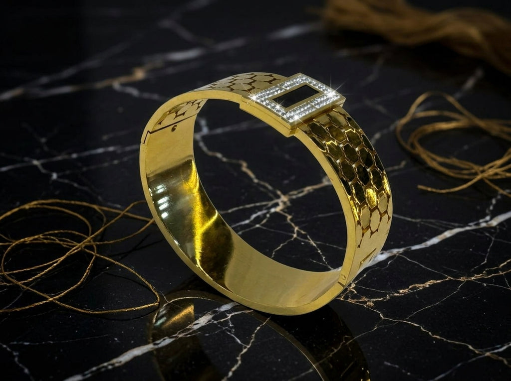 Modern Gold-Tone Geometric Cuff Bracelet with Black Inlay & Crystal Accent