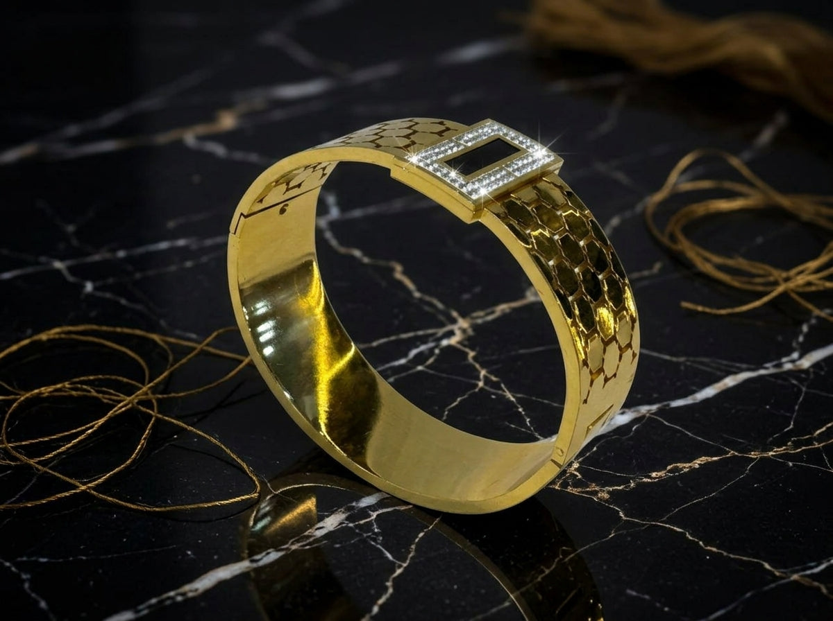 Modern Gold-Tone Geometric Cuff Bracelet with Black Inlay & Crystal Accent