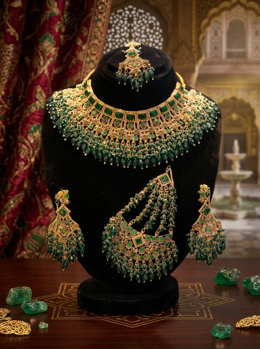 Royal Green Stone Bridal Choker Jewelry Set with Earrings, Maang Tikka & Hathphool