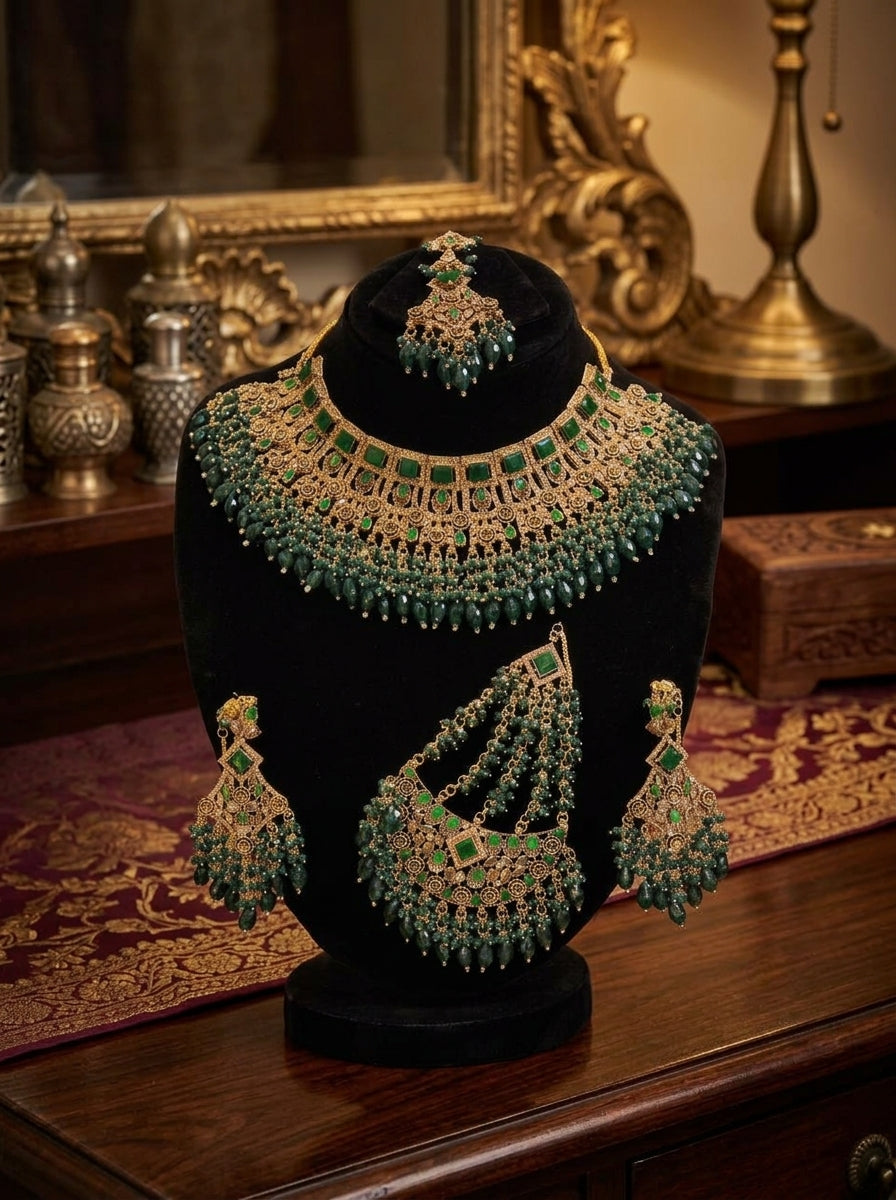 Royal Green Stone Bridal Choker Jewelry Set with Earrings, Maang Tikka & Hathphool