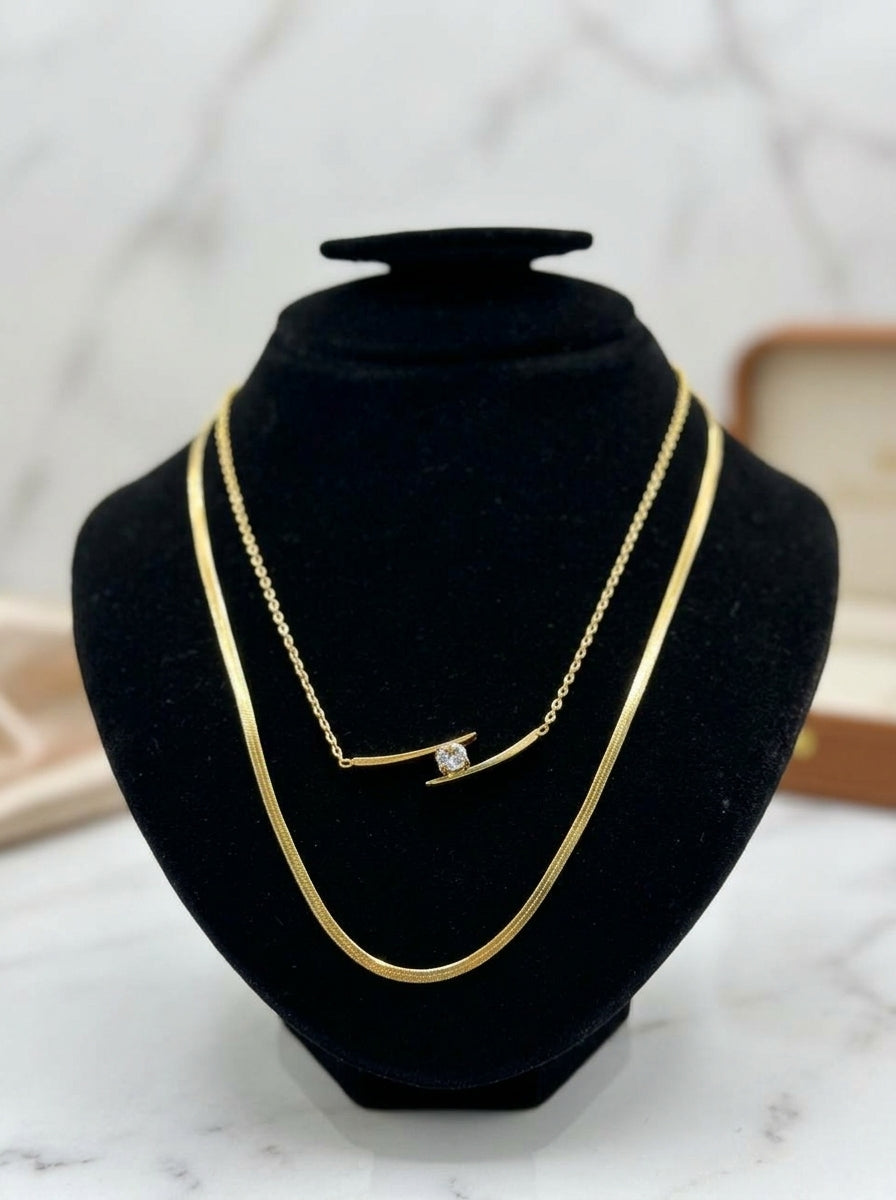 Minimalist Layered Gold Necklace with Crystal Bar Pendant