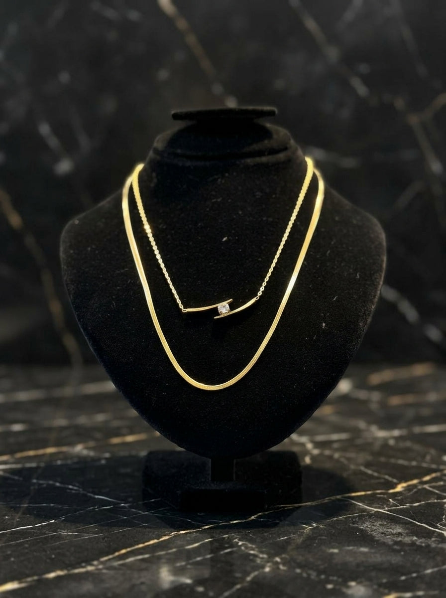 Minimalist Layered Gold Necklace with Crystal Bar Pendant