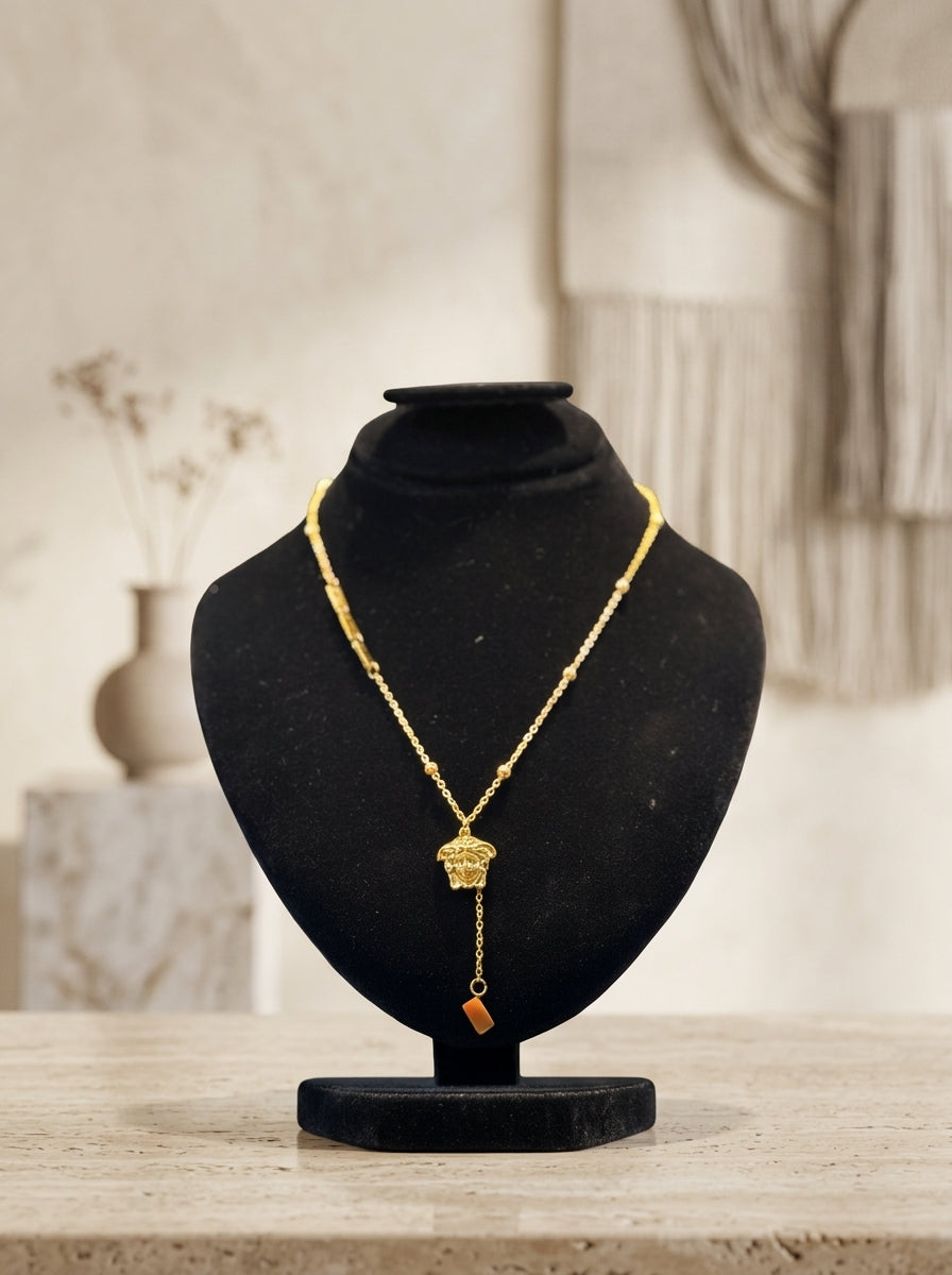 Statement Gold Medusa Drop Pendant Necklace
