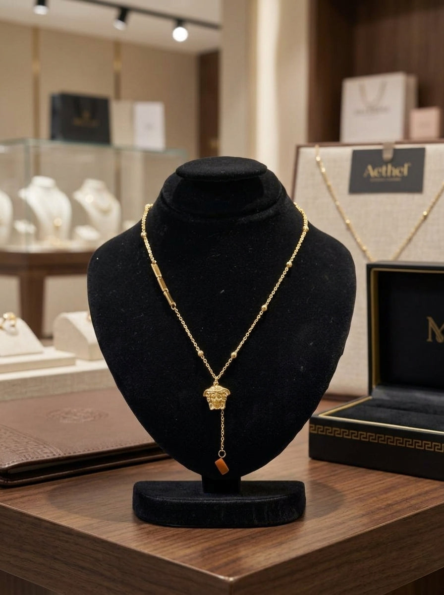 Statement Gold Medusa Drop Pendant Necklace