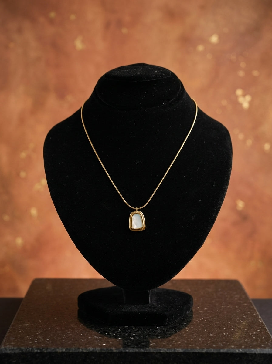 Minimalist Gold-Tone Geometric Pendant Necklace with White Inlay