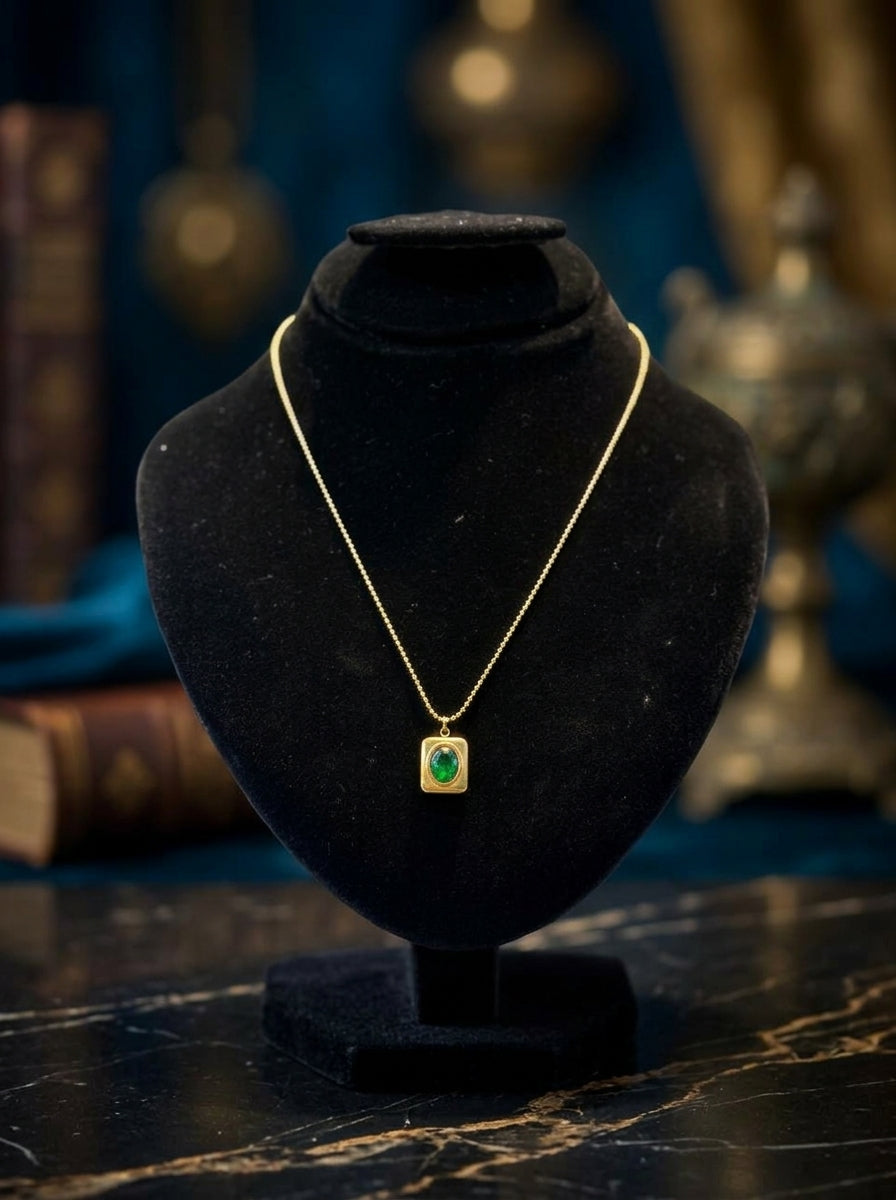 Elegant Gold-Tone Rectangular Pendant Necklace with Green Stone