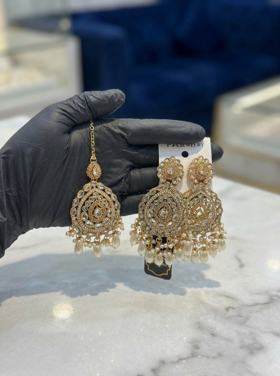 Royal Gold-Tone Kundan Pearl Drop Earrings & Maang Tikka Set