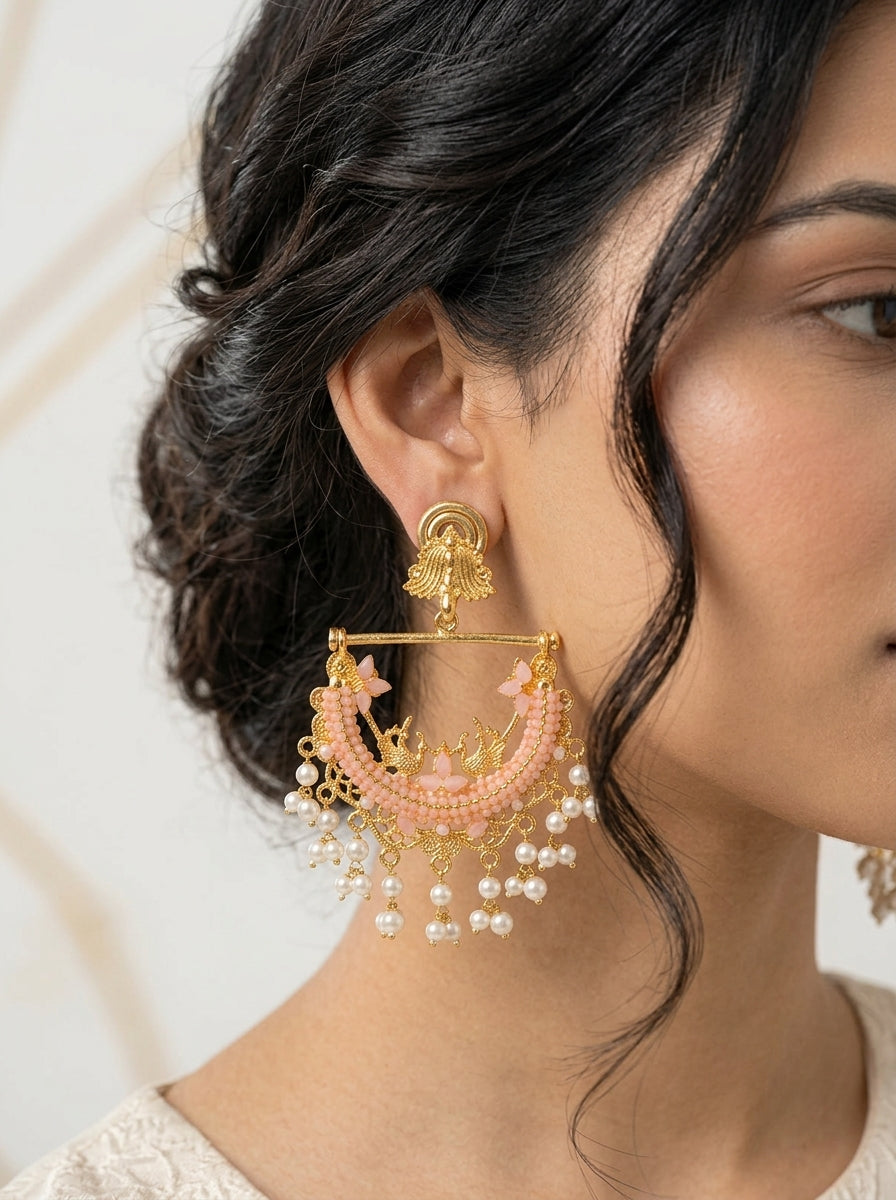 Blush Pink Pearl Drop Chandbali Statement Earrings