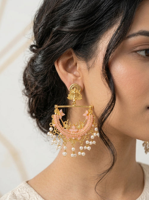 Blush Pink Pearl Drop Chandbali Statement Earrings