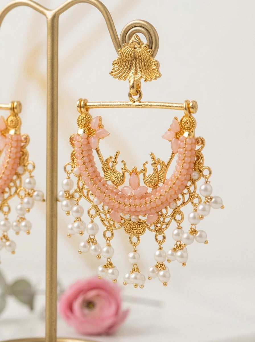 Blush Pink Pearl Drop Chandbali Statement Earrings