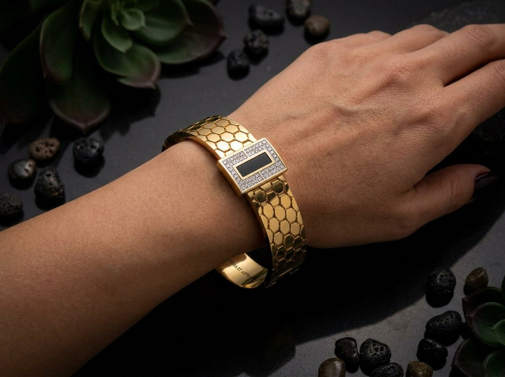 Modern Gold-Tone Geometric Cuff Bracelet with Black Inlay & Crystal Accent