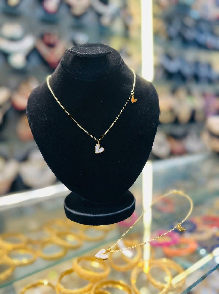 Dainty Gold Double Heart Pendant Necklace with White Enamel Accent