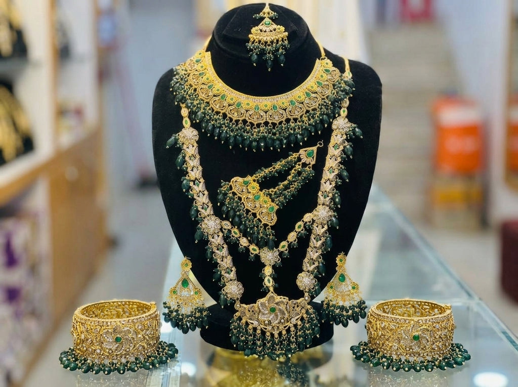 Luxury Layered Green Bridal Jewelry Set with Choker, Long Necklace & Earrings