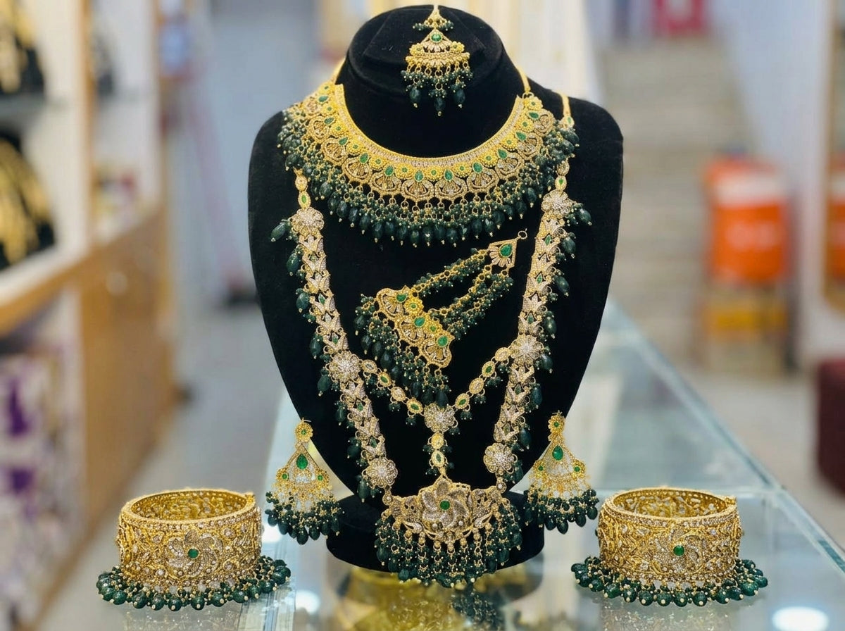 Luxury Layered Green Bridal Jewelry Set with Choker, Long Necklace & Earrings
