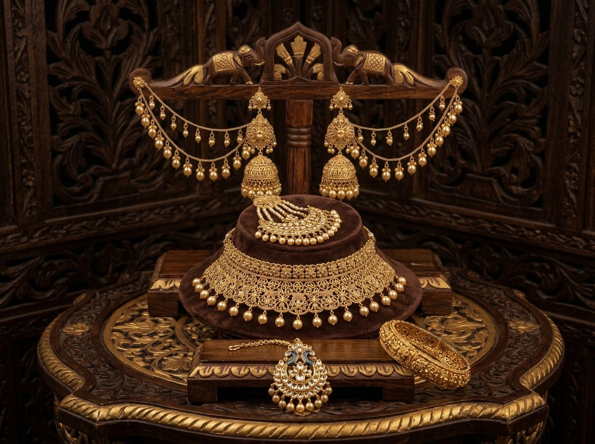 Royal Bridal Gold Jewelry Set with Jhumka Earrings & Maang Tikka