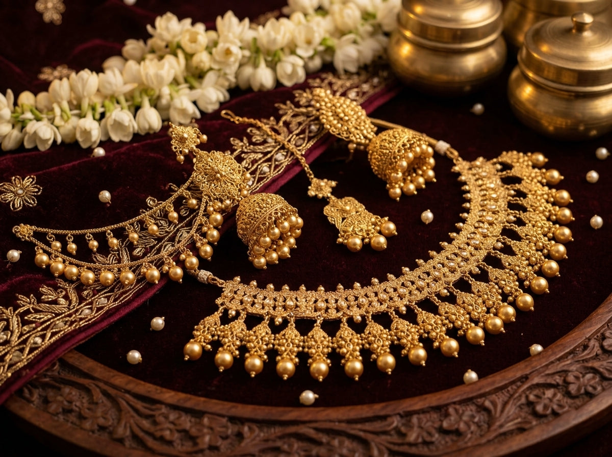 Royal Bridal Gold Jewelry Set with Jhumka Earrings & Maang Tikka