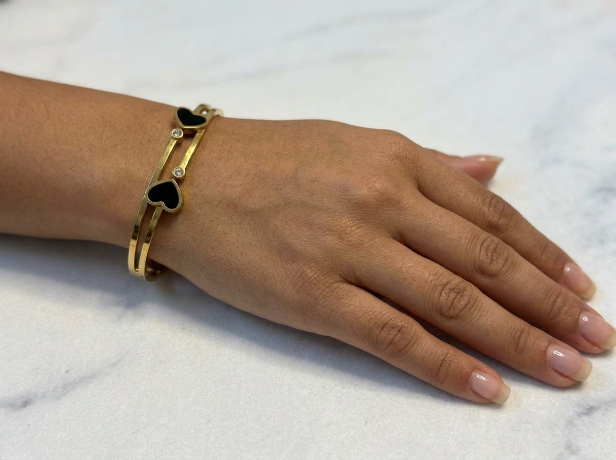 Elegant Gold-Tone Black Heart Open Bangle Bracelet